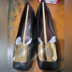 Black Leather Flats with Gold Accent